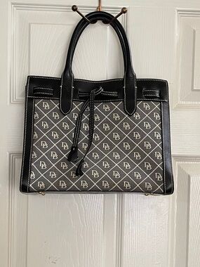 Dooney & Bourke Monogram Canvas Tote Black Leather Trim Medium